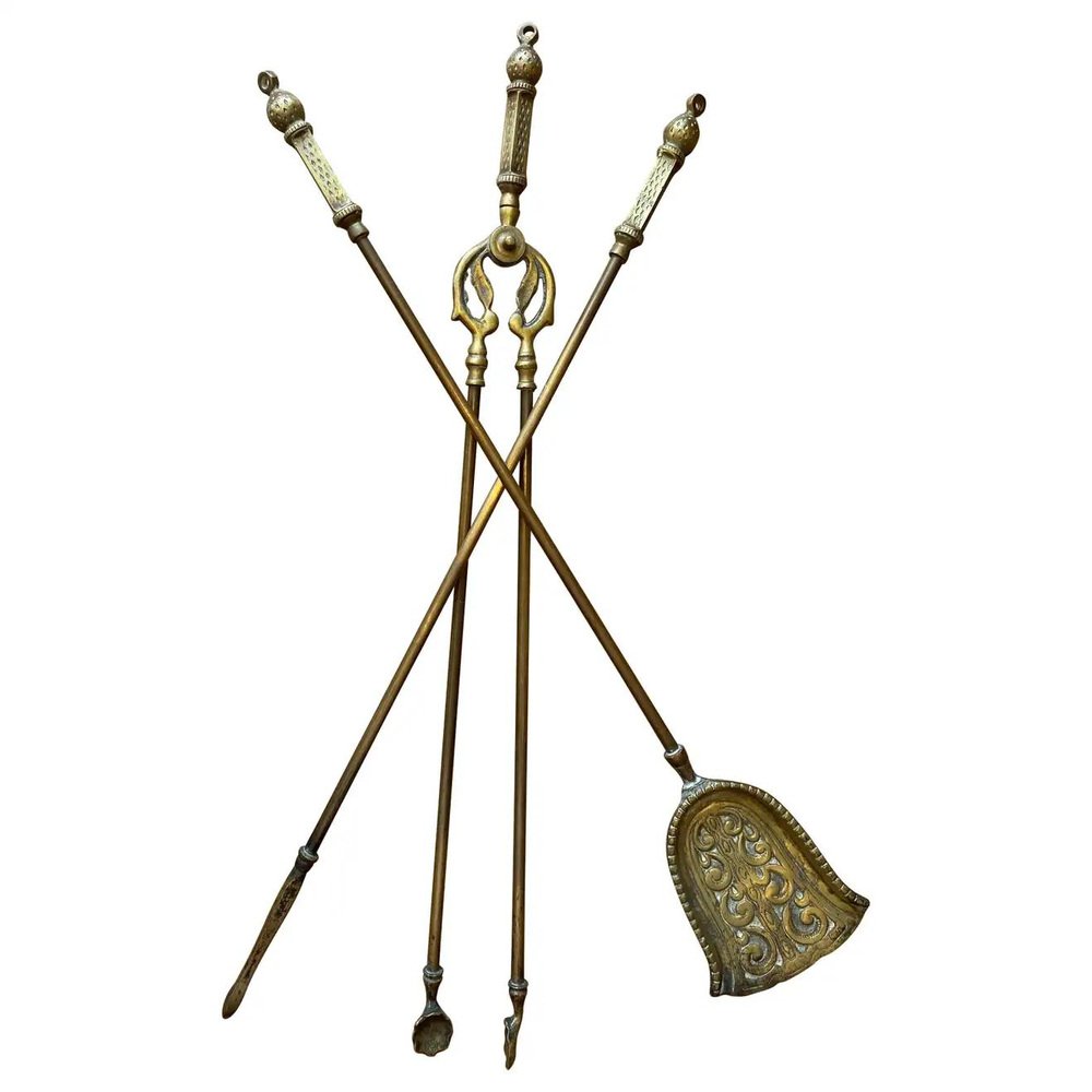 Victorian Gothic Fire Companion Set in Brass, 1800s, Set of 3 for sale
