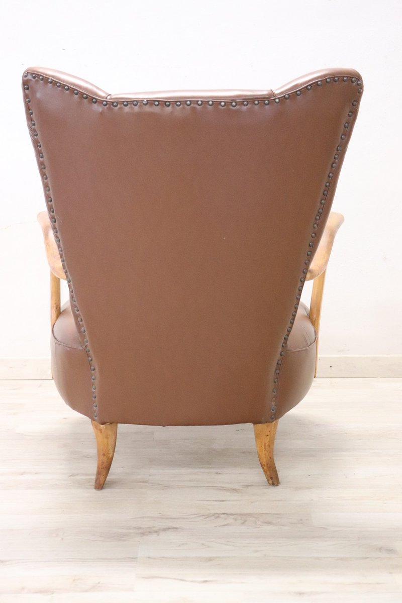 MidCentury Brown Faux Leather Armchair for sale at Pamono