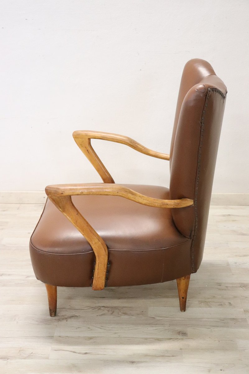MidCentury Brown Faux Leather Armchair for sale at Pamono