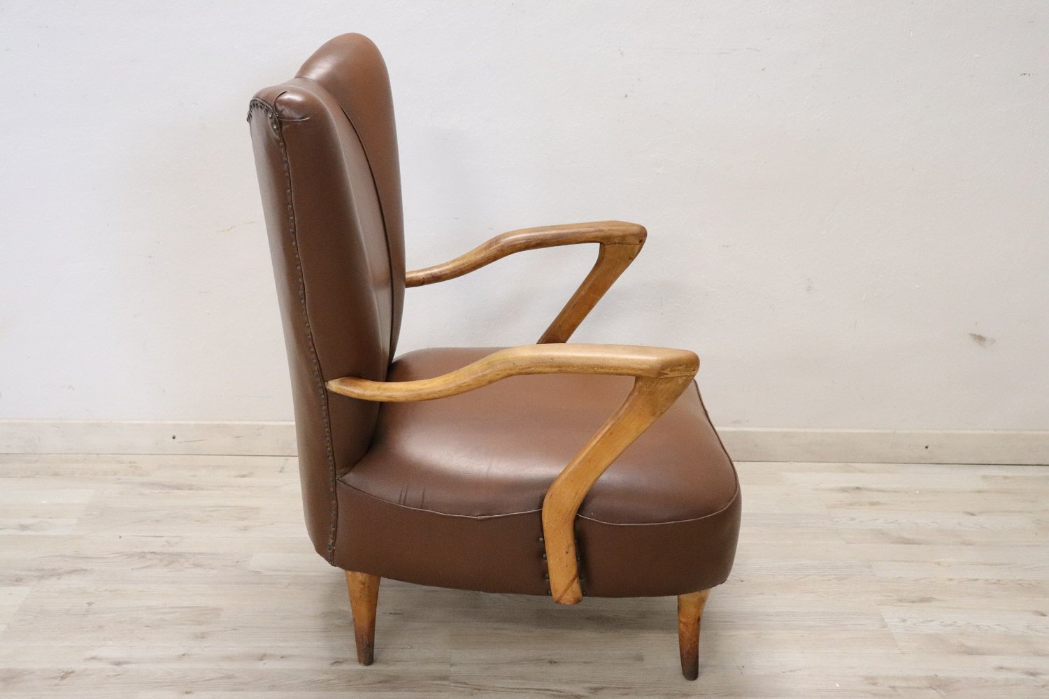MidCentury Brown Faux Leather Armchair for sale at Pamono