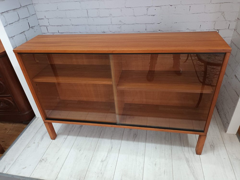 MidCentury Bookcase in Teak with Sliding Glass Doors, 1960s for sale