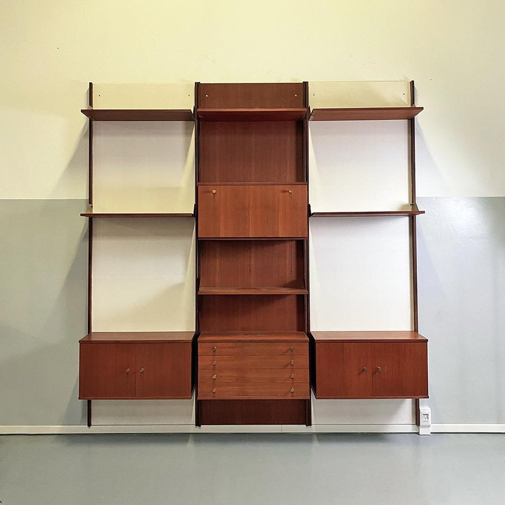 Mid-Century Modern Italian Teak and Brass Modular Wall Bookcase, 1960s ...