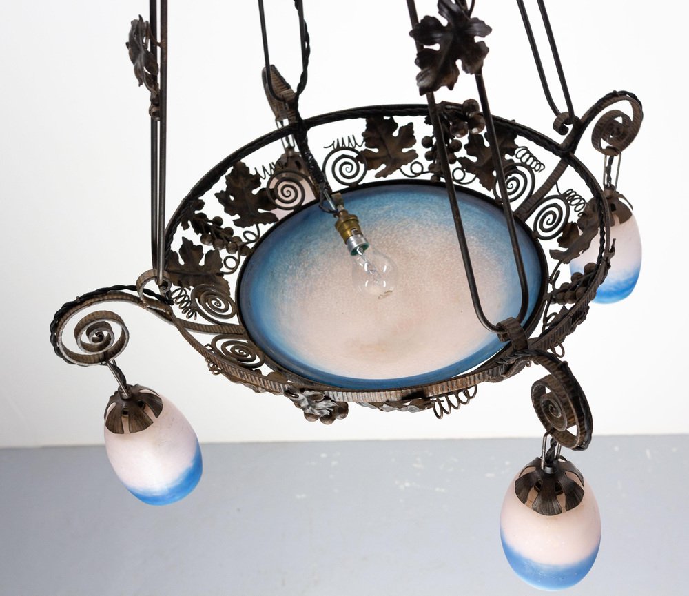 French Art Deco Chandelier in Colored Glass and Wrought Iron, 1930s for