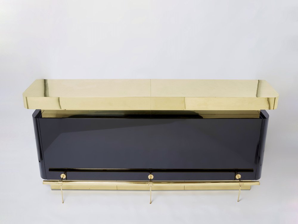 Black Lacquered Brass Bar Counter by Jean Claude Mahey, 1970s