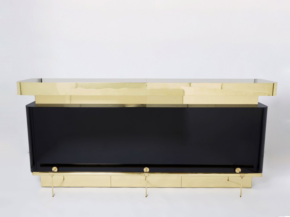 Black Lacquered Brass Bar Counter by Jean Claude Mahey, 1970s