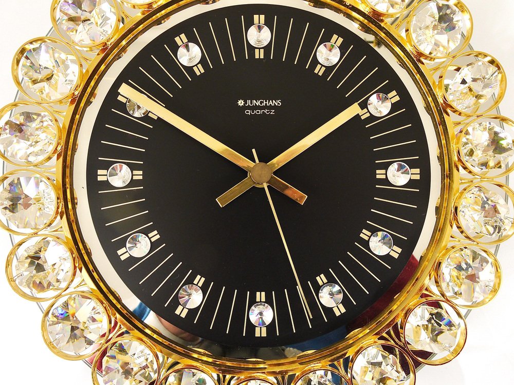 German Hollywood Regency Golden Wall Clock in Gilt with Crystals by ...