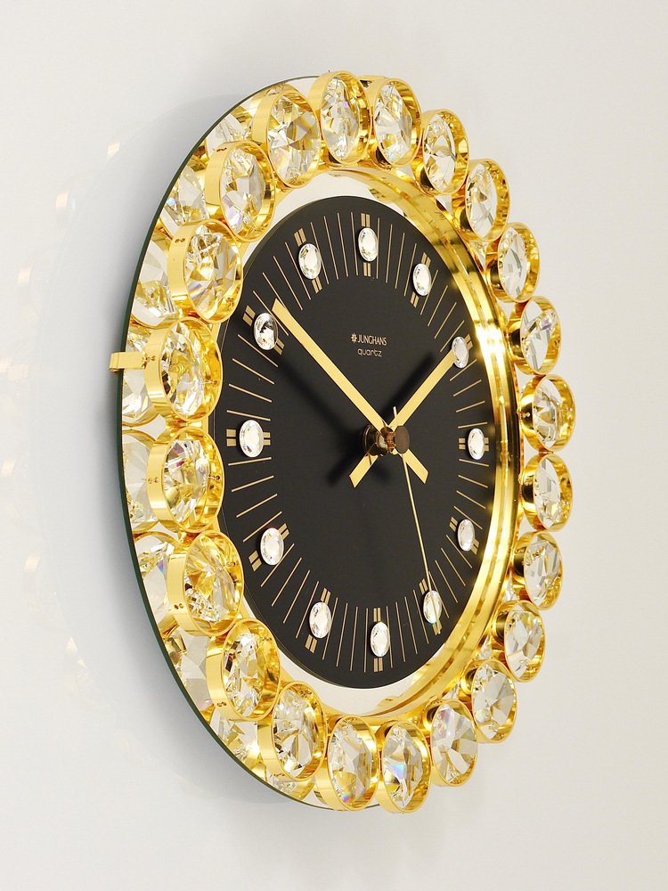 German Hollywood Regency Golden Wall Clock in Gilt with Crystals by ...