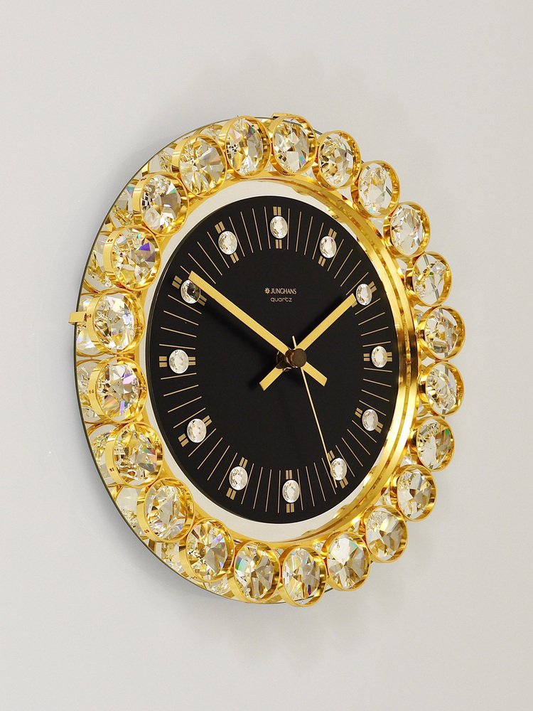 German Hollywood Regency Golden Wall Clock in Gilt with Crystals by ...