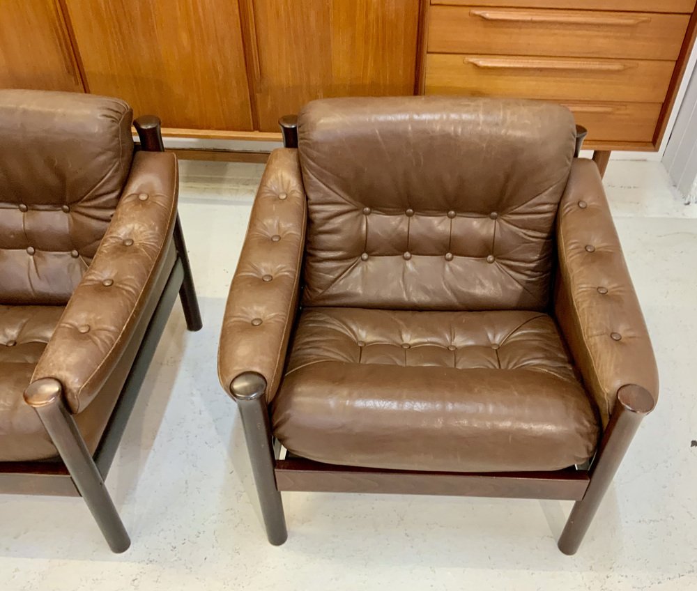 MidCentury Scandinavian Safari Leather Lounge Chairs by Torbjorn Afdal