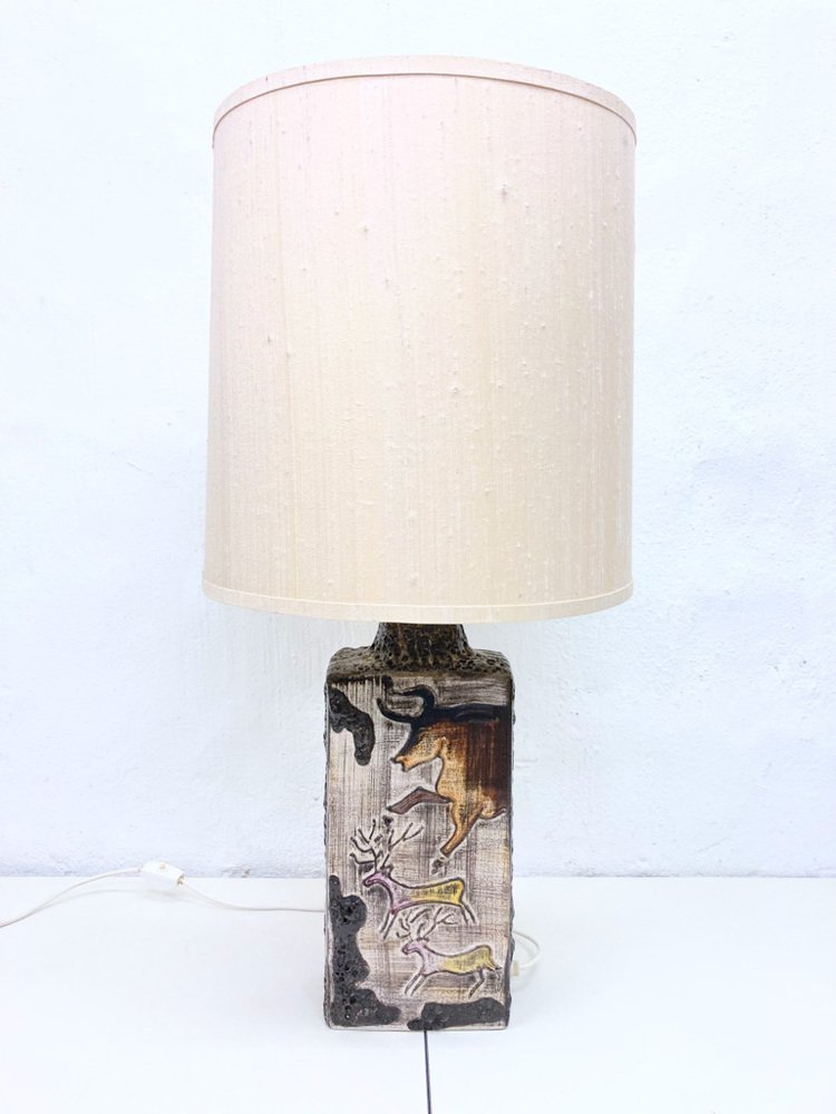 Athena Stein Tischlampe Mit Leinenschirm (grau, 40 Cm) – Rustikal-modern, Beton-Optik