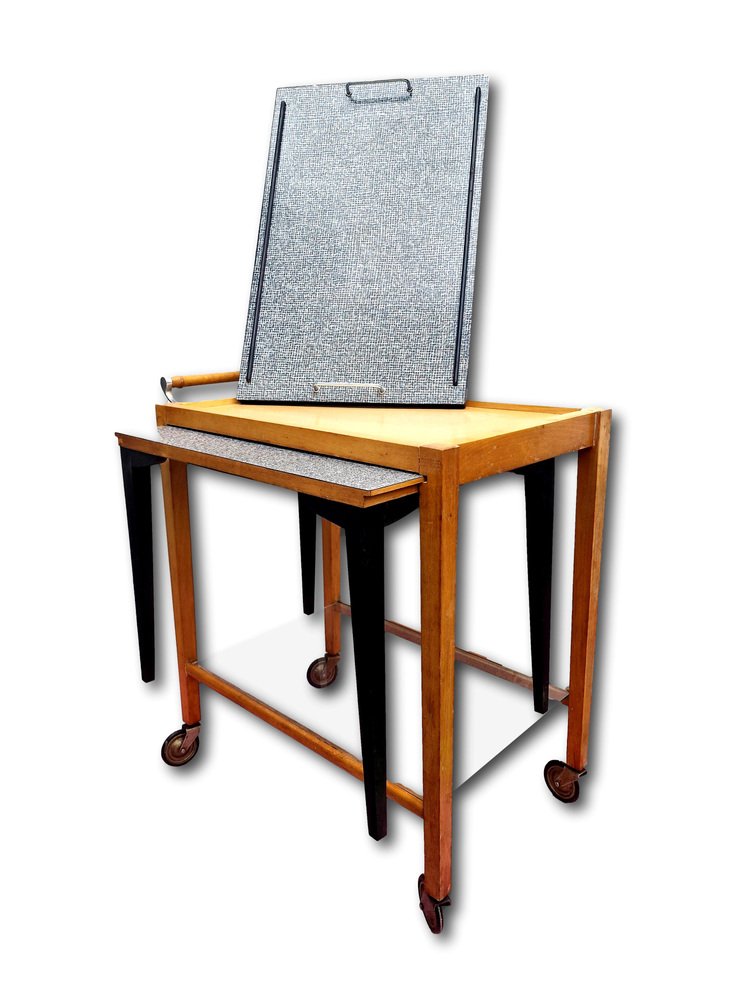 Bauhaus Holz Servierwagen integrierter Tisch & Tablett, 1930er, 2er Set