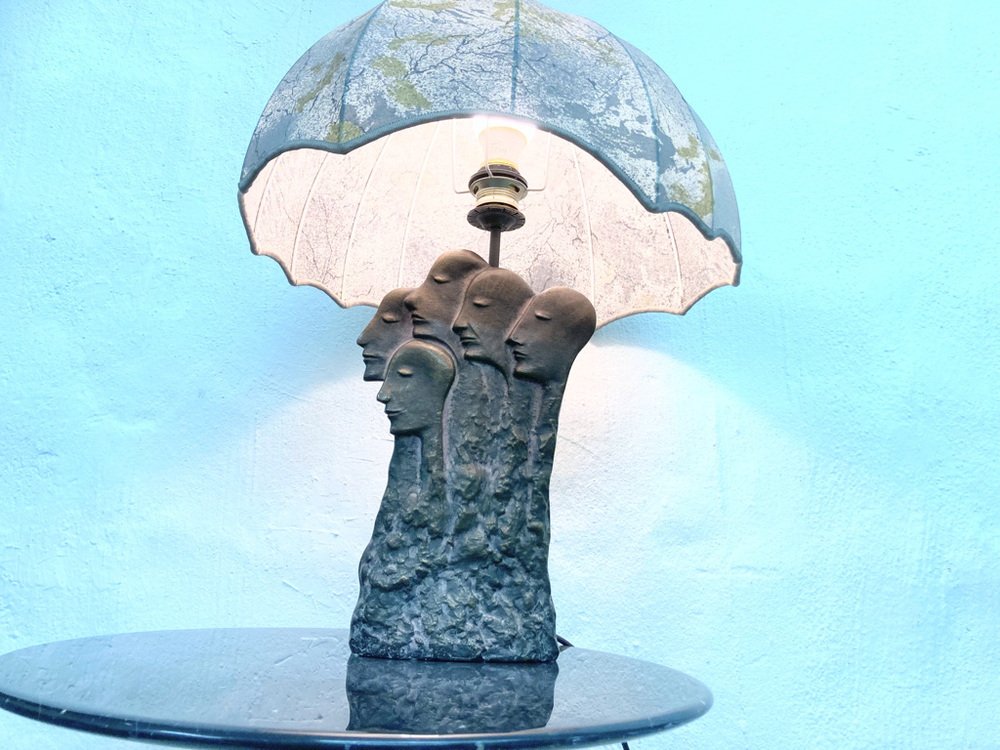 Brutalistic Sculptural Table Lamp Person Group with Umbrella, 1980s for ...