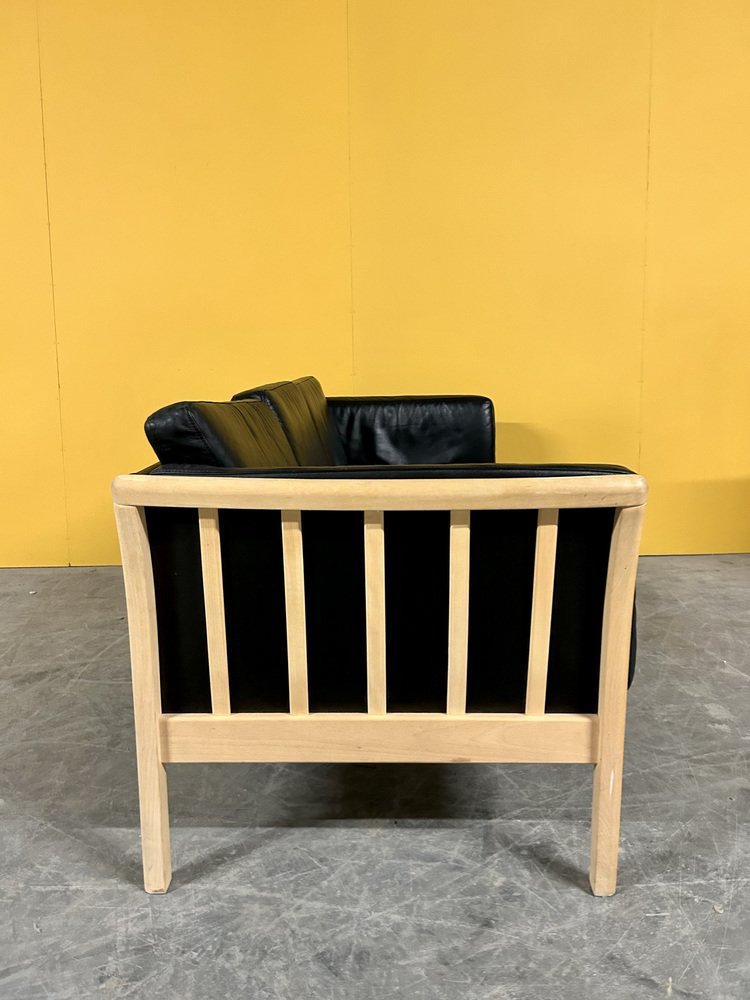 Danish 3Seater Black Leather Sofa with Wooden Frame, 1970s for sale at