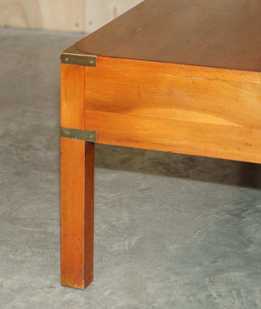 Burr, Yew Wood & Brass Military Campaign 3 Drawer Coffee Table from
