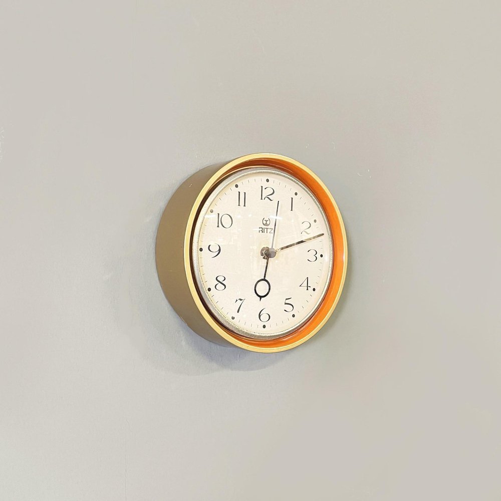 Modern Italian Wall Clock in Gold & Orange Wood & Metal by Ritz, 1960s for sale at Pamono