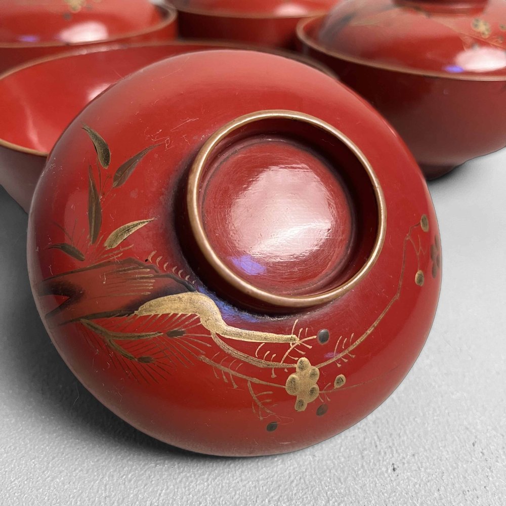 Taishō Urushi Maki-E Reis- und Suppenschalen, 20. Jh., 4er Set