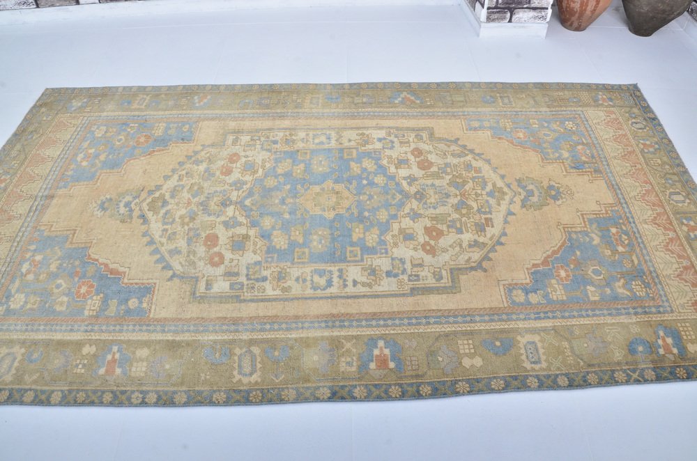 Vintage Turkish Tan & Blue Natural Pale Rug for sale at Pamono