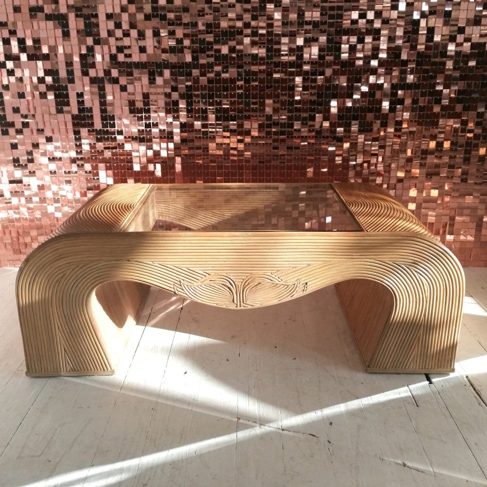 Vintage Large Waterfall Pencil Reed Cane Coffee Table with Inset Glass