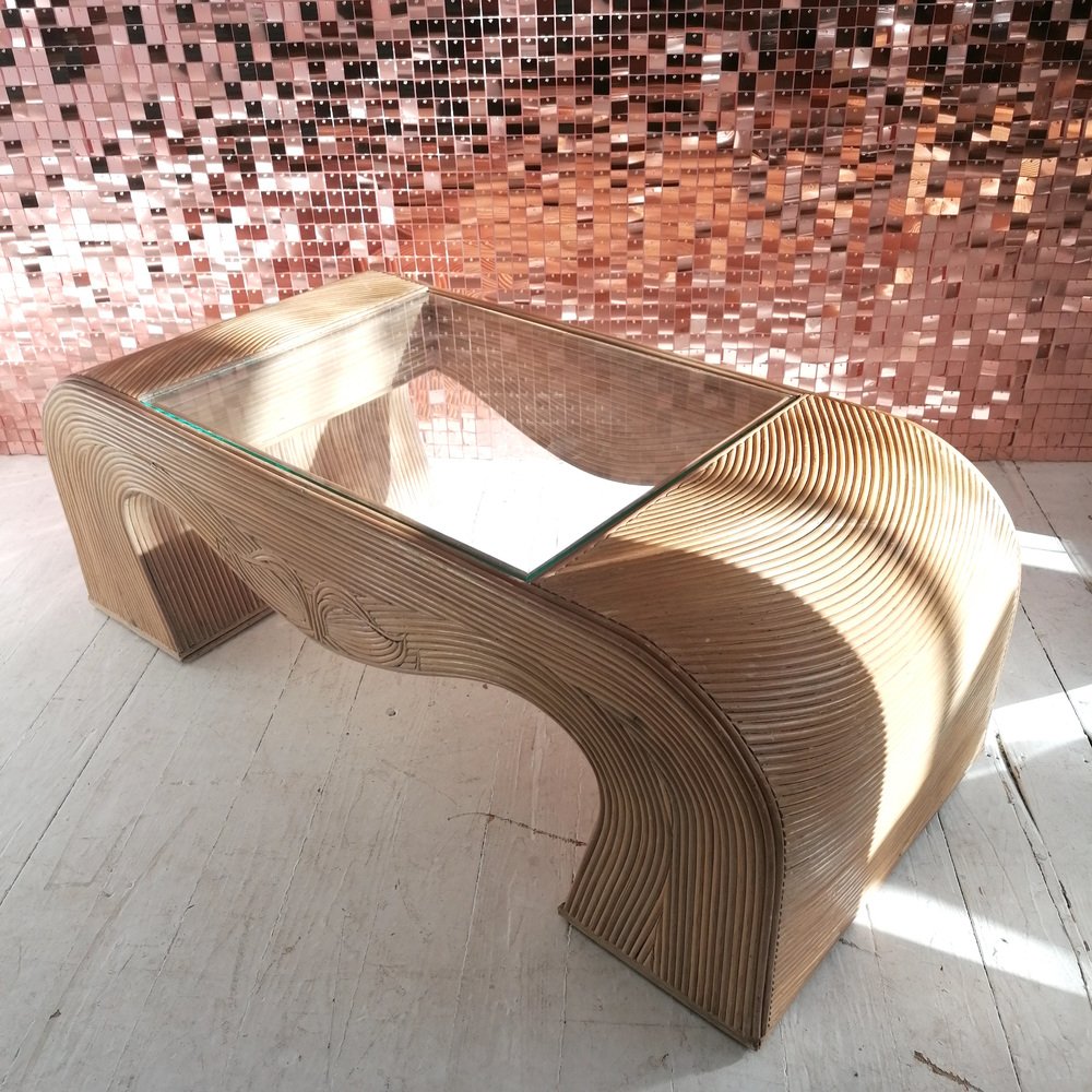 Vintage Large Waterfall Pencil Reed Cane Coffee Table with Inset Glass