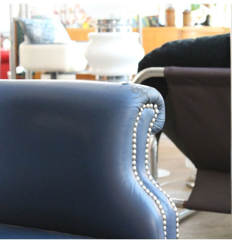 Blue Leather Armchair, 1960s for sale at Pamono