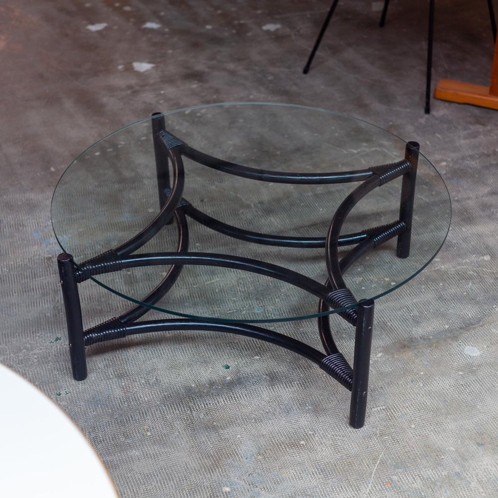 Black Round Rattan Coffee Table, 1960s for sale at Pamono