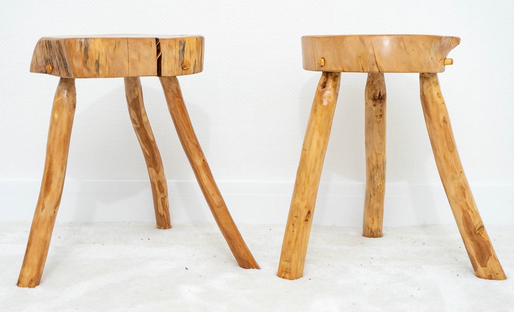 Oak Side Table & Stools by Jean Prouvé & Pierre Janneret, 1940s, Set of