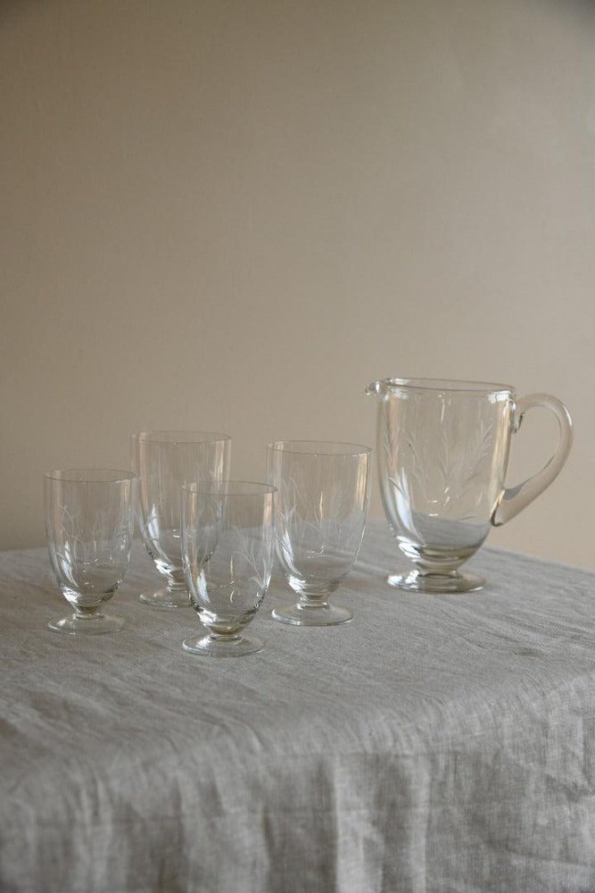 Vintage Water Jug and Glasses in Etched Glass, Set of 5 for sale at Pamono