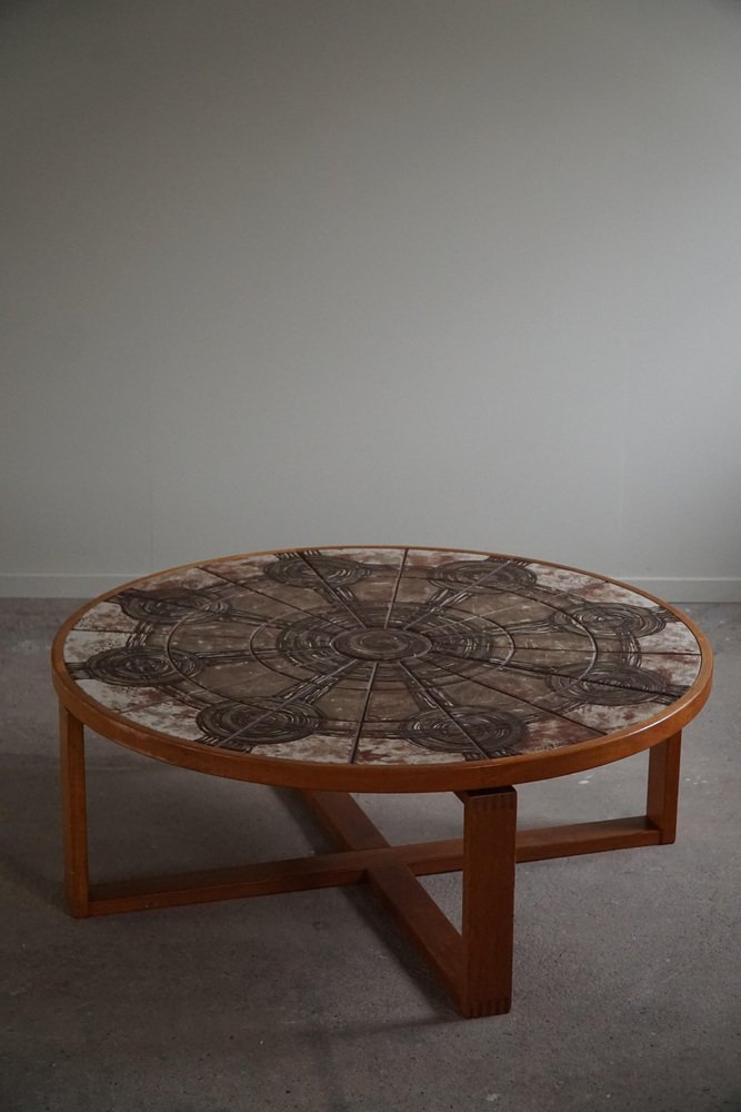 Ox Art Round Coffee Table in Teak & Ceramic Tiles by Trioh, Denmark