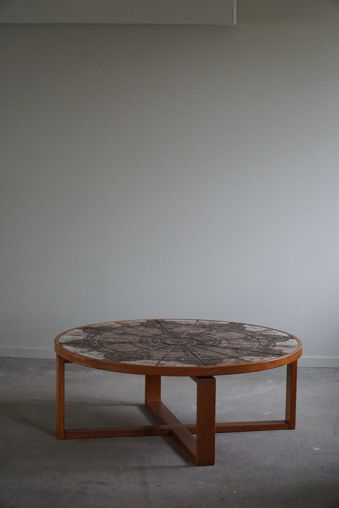 Ox Art Round Coffee Table in Teak & Ceramic Tiles by Trioh, Denmark