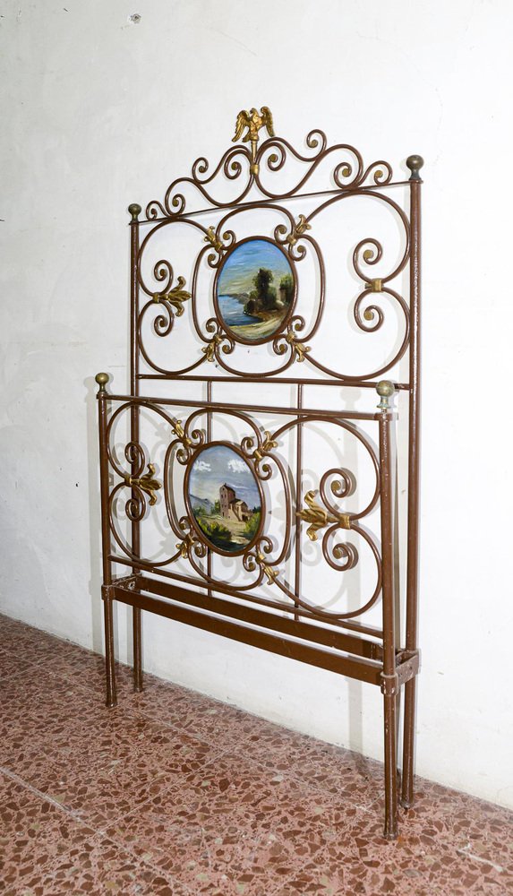 Wrought Iron Single Bed with Gilded Decorations and Brown Painted Frame