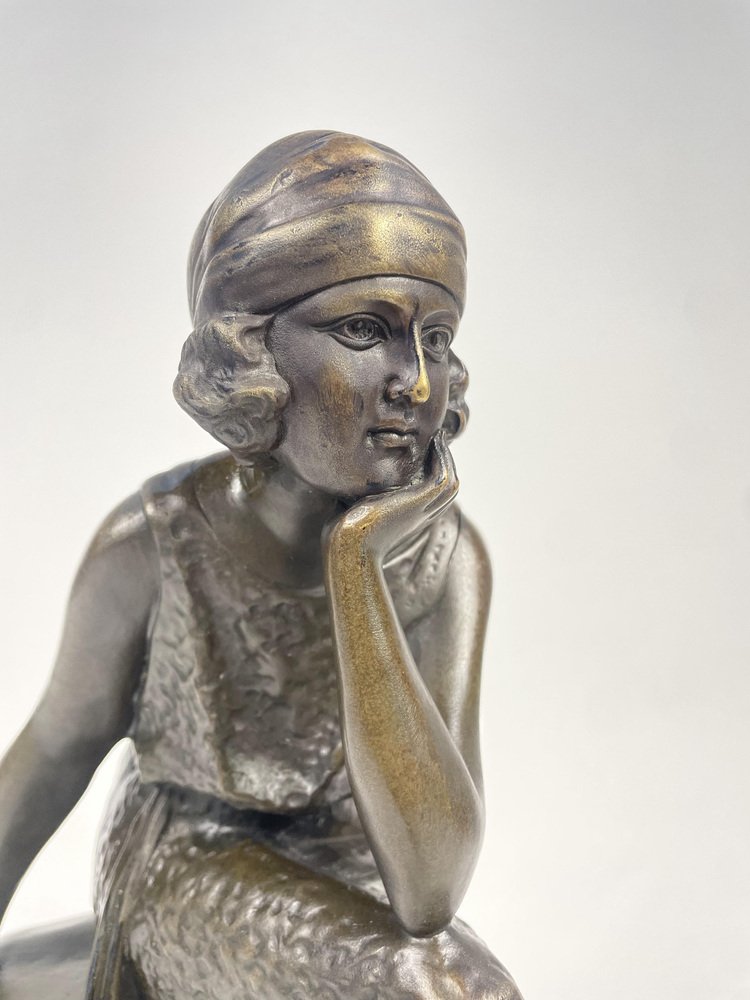 Art Deco Bronze & Marble Woman Sculpture, 1920s for sale at Pamono