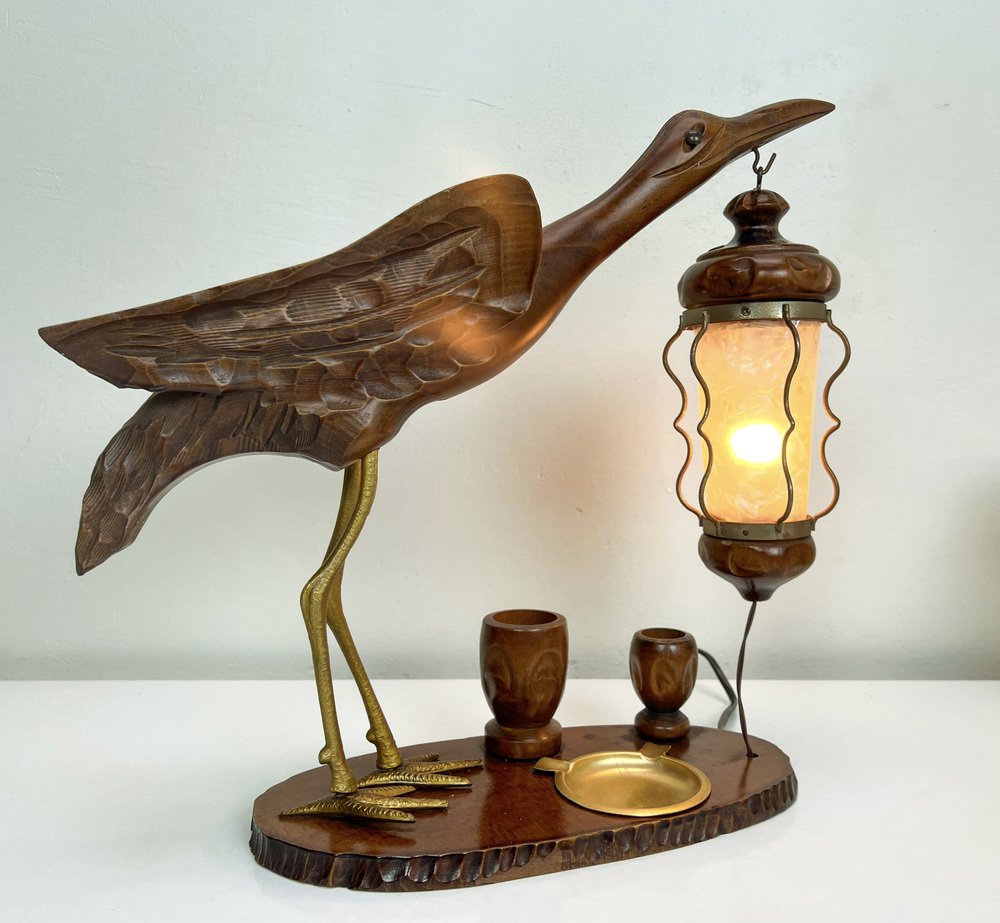 Art Deco Heron Table Lamp with Ashtray and Cigarette Service attributed