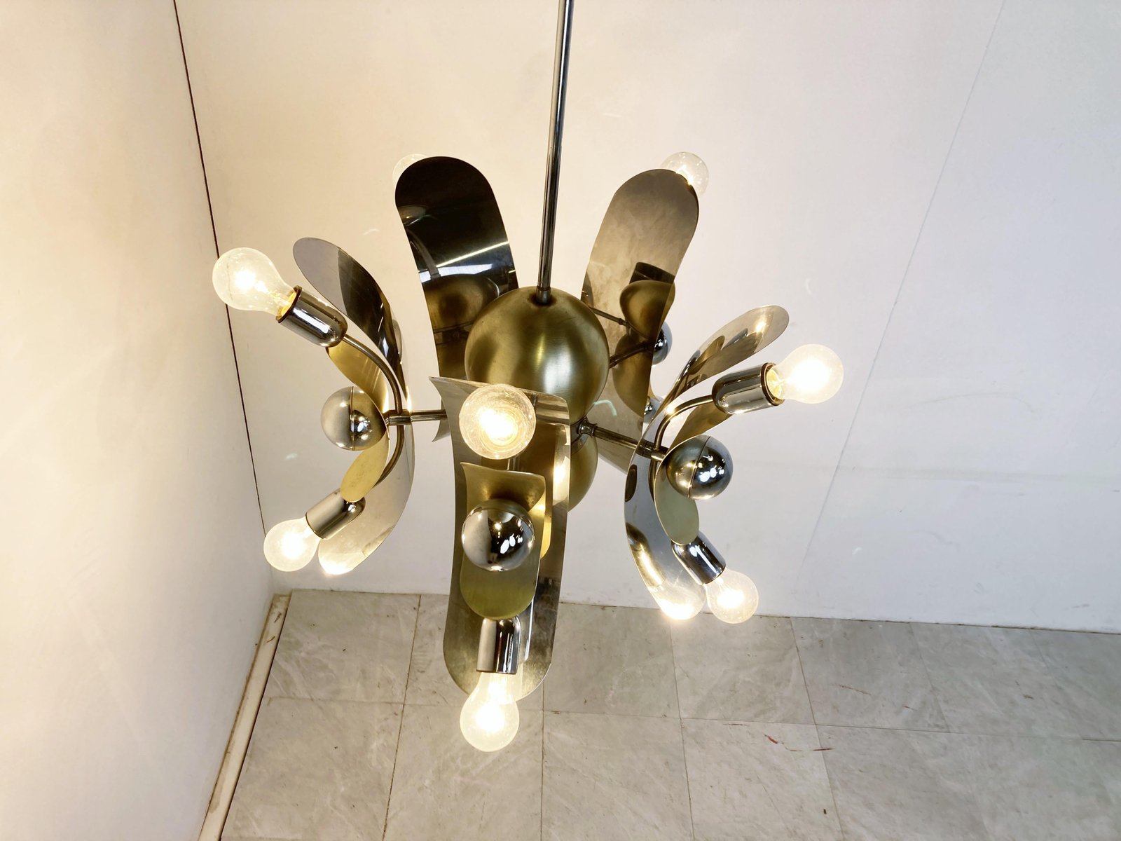 Vintage Italian Chrome & Brass Chandelier, 1970s for sale at Pamono