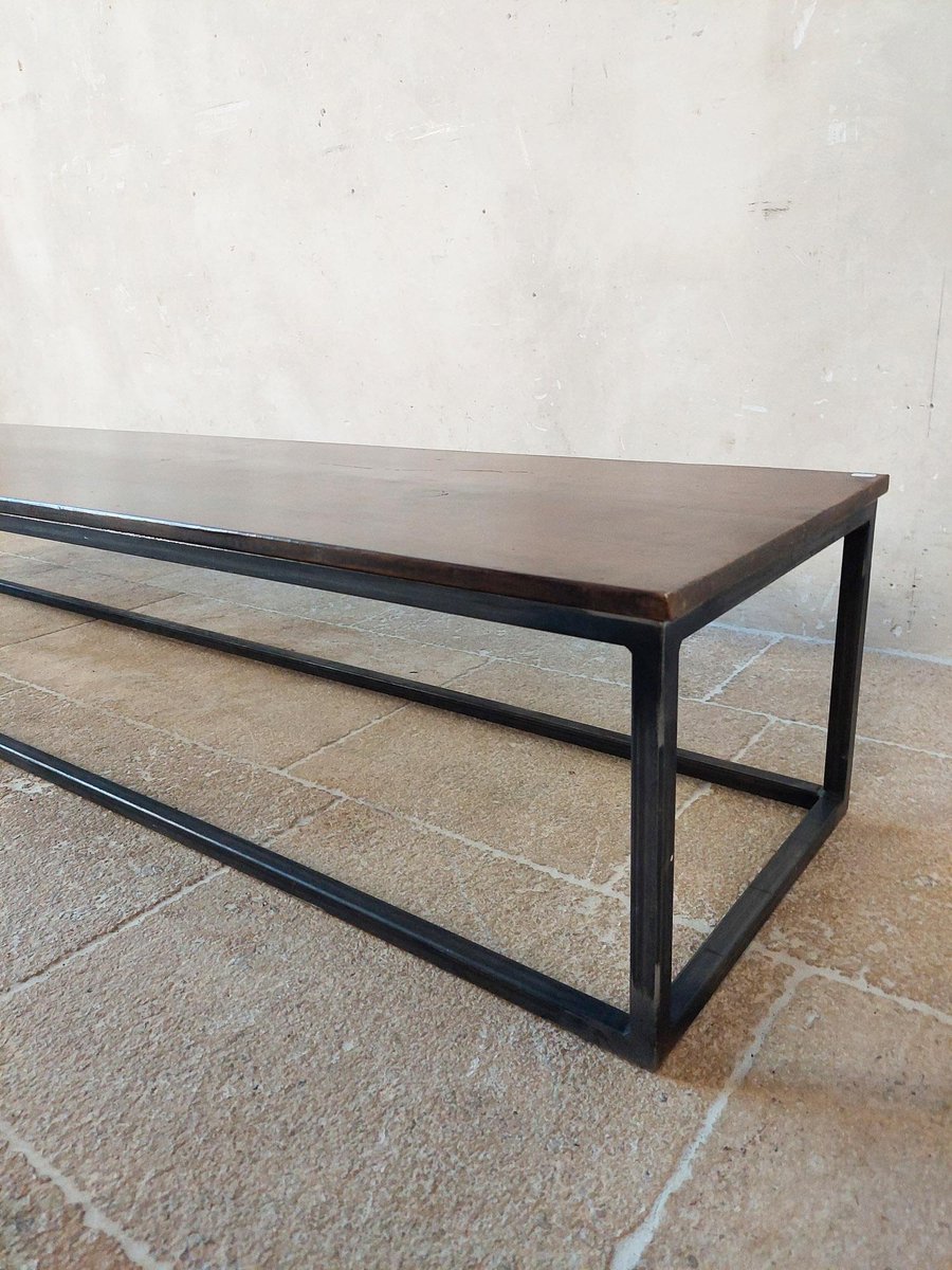 Long and Narrow Coffee Table in Walnut with Steel Frame for sale at Pamono