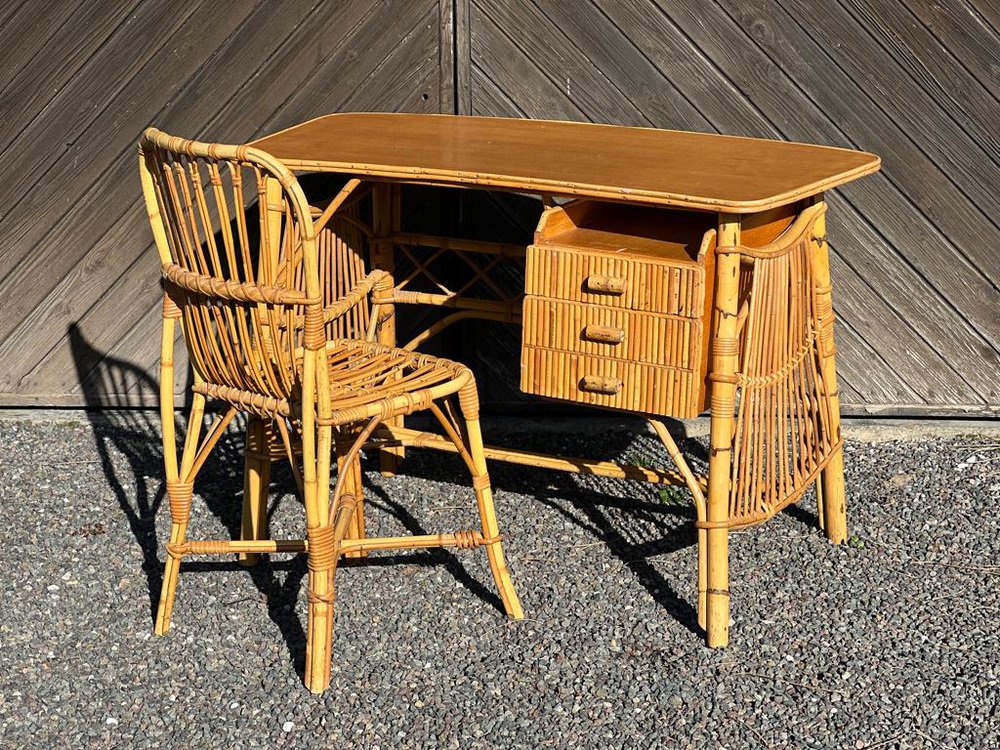 Vintage Bamboo Desk and Chair, 1960s, Set of 2 for sale at Pamono