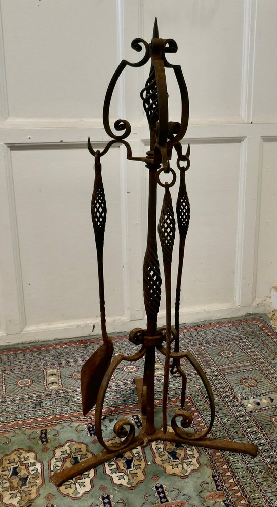 French Gothic Wrought Iron Manor House Fire Tool Companion Set, 1830 ...