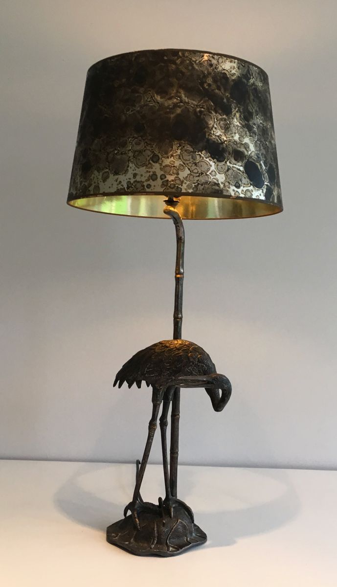 Schwarze Vintage Metall Lampe Mit Vogel Skulptur Bei