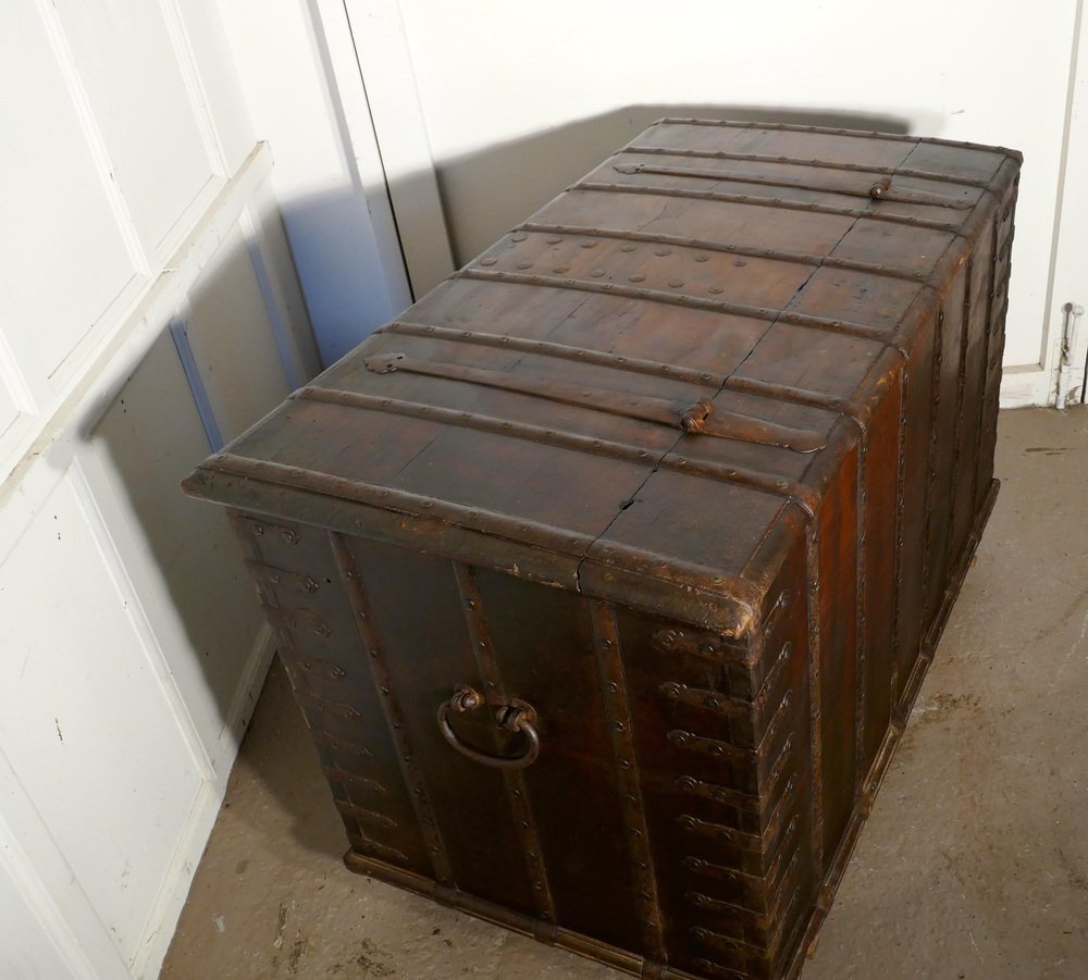 Antique Iron Bound Merchants Chest with Hidden Compartments, 1800 for