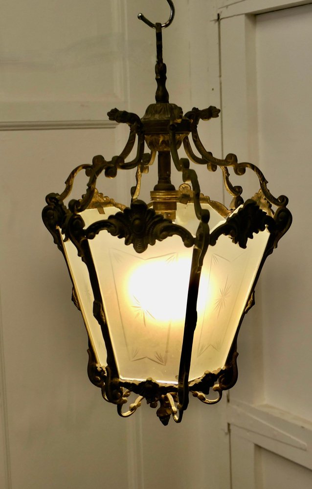 French Rococo Brass & Etched Glass Lantern Hall Light, 1920 for sale at