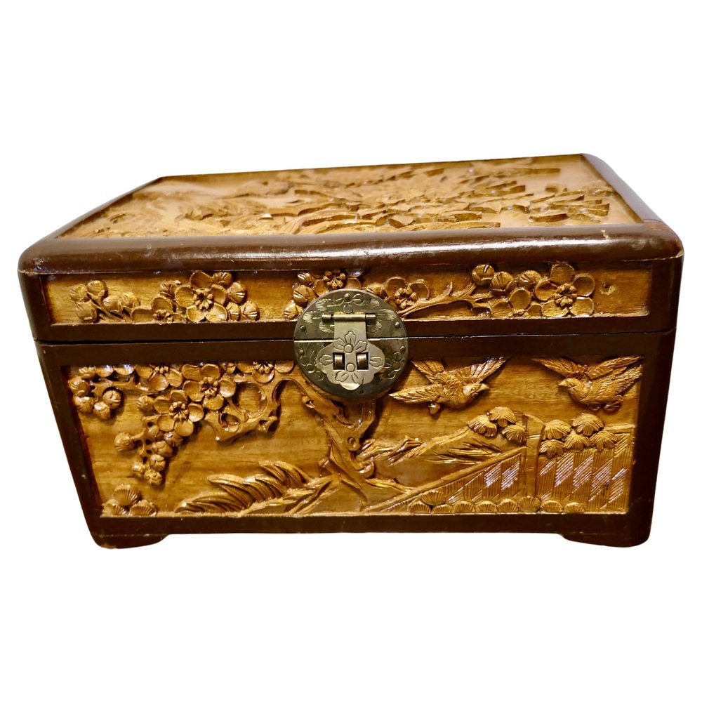 Oriental Carved Camphor Wood Chest, 1950s for sale at Pamono