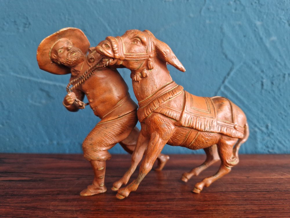 Bronze Man with Stubborn Donkey Figurine, 1920s for sale at Pamono
