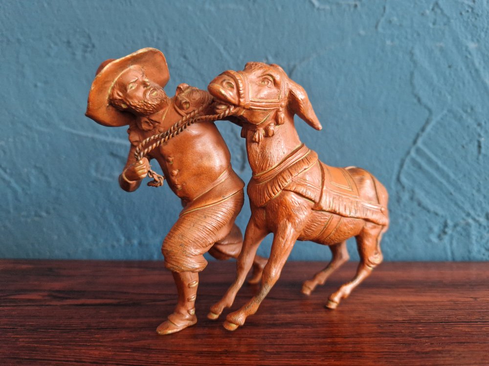 Bronze Man with Stubborn Donkey Figurine, 1920s for sale at Pamono