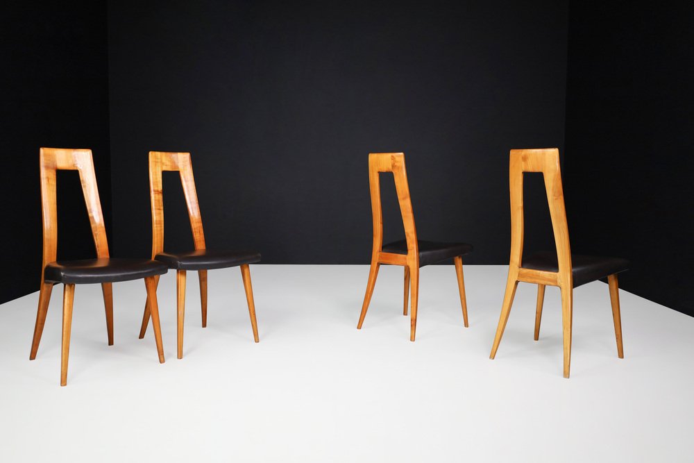 Cherry Wood & Black Leather Dining Chairs by Ernst Martin Dettinger