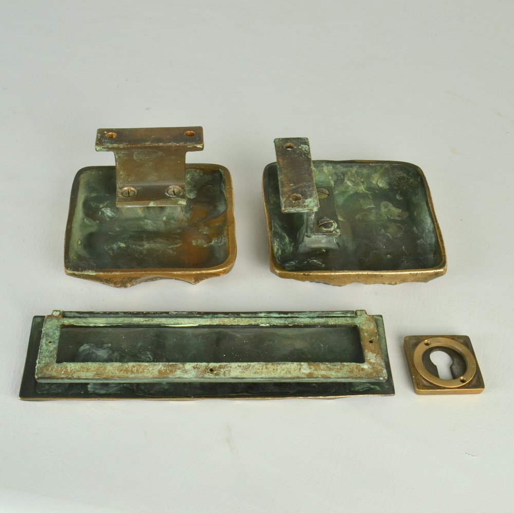 Push Pull Door Handles with Letterbox and Key Fixtures in Bronze Relief