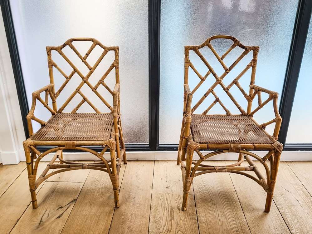 Table de Salle à Manger et Chaises en Rotin, Set de 5 en vente sur Pamono