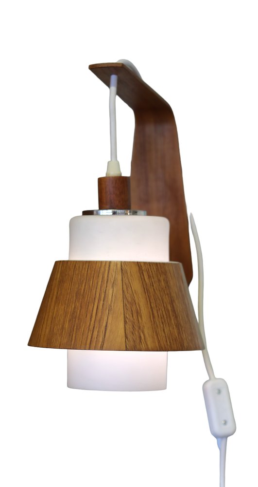 Danish WallHung Lamp in Teak and Opal Glass, 1960s for sale at Pamono