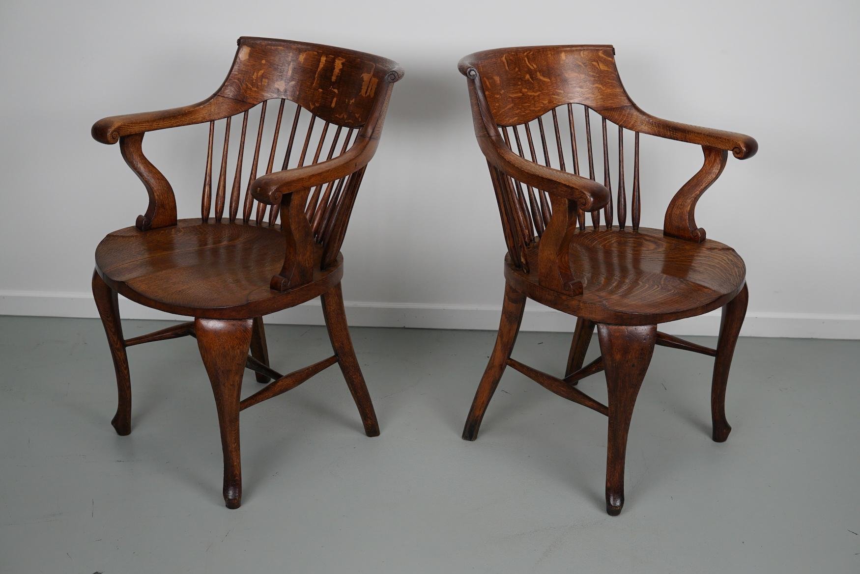 Edwardian English Oak Spindle Back Captains Office Desk Chairs, Set of