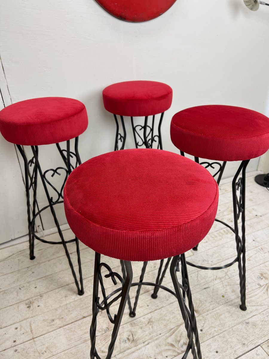 MidCentury Brutalist Style Wrought Iron Bar Stools, 1960s, Set of 4