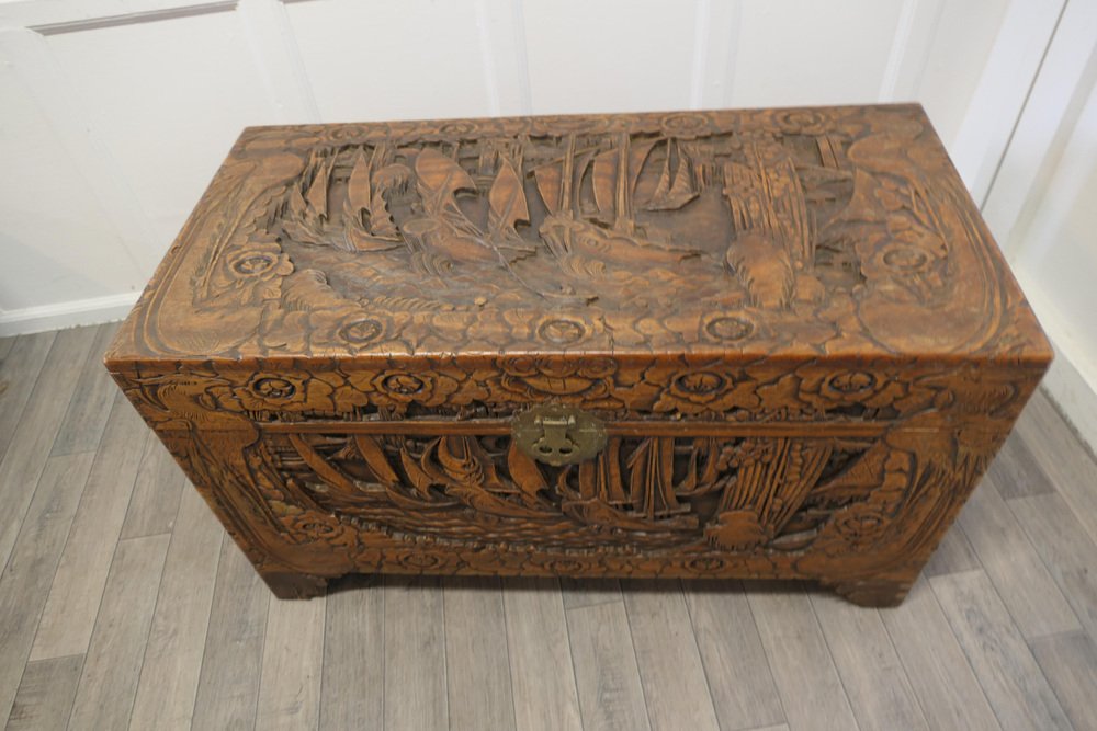 Large Oriental Carved Camphor Wood Chest, 1940s for sale at Pamono