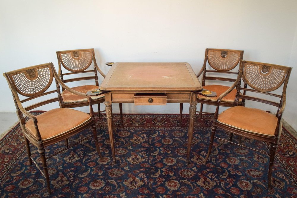 Vintage Games Table with Bergere Chairs, 1940s, Set of 5 for sale at Pamono